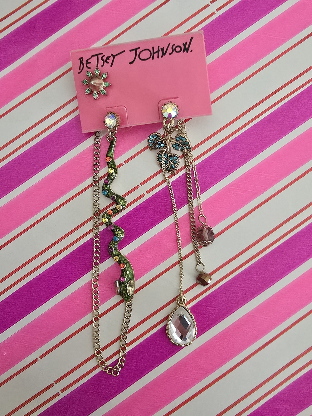 Betsey Johnson Green and Gold Snake Dangle Earrings Set
